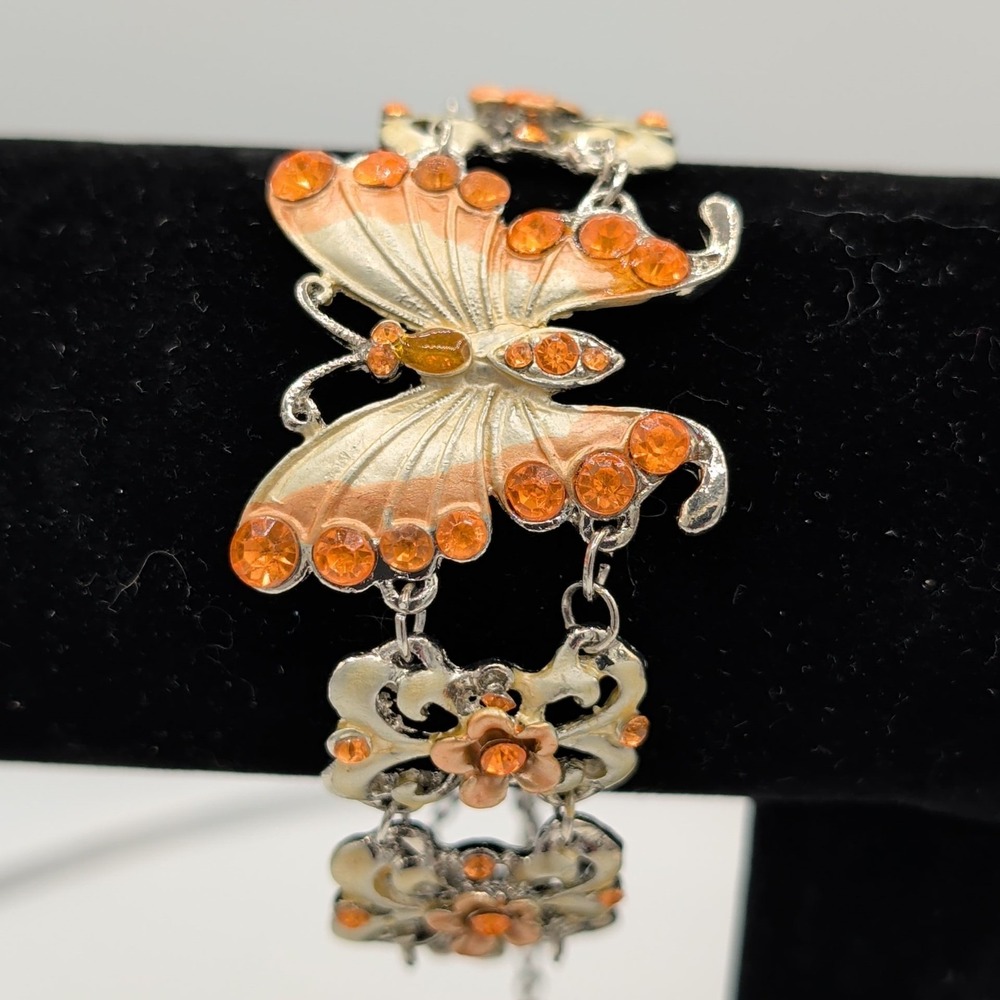 Gold And Silver Tone Enamel Butterfly Floral Link Bracelet Orange Rhinestone - Picture 14 of 16